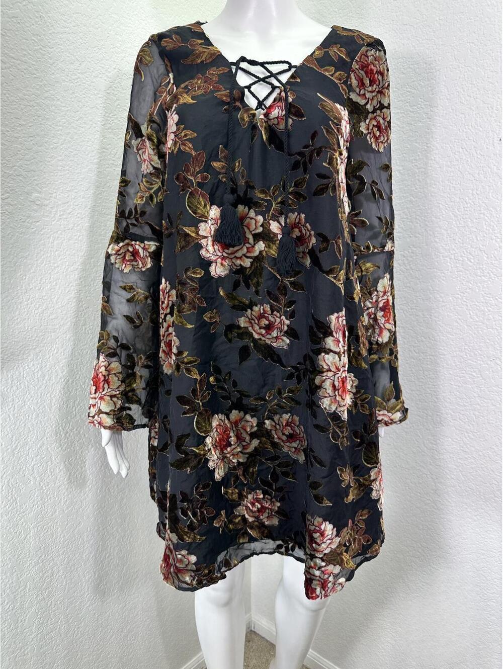 New Women’s L Cupcakes & Cashmere Burnout Velvet Whimsigoth Dress Bell Sleeves
